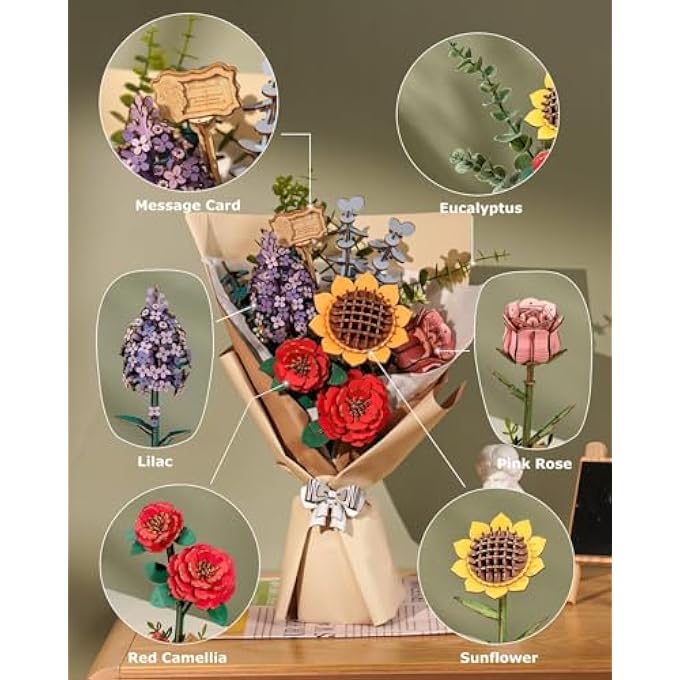 3D PUZZLE FLOWERS WOODEN MODEL KITS FOR ADULTS TO BUILD, ARTIFICIAL FLOWERS FOR DECORATION, HOME DECOR ACCESSORIES LIVING ROOM, GIFTS FOR WOMEN ON VALENTINE'S DAY, FLOWER BOUQUET TW01H - Image 3